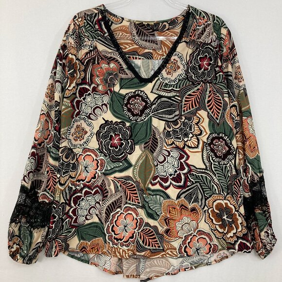 Democracy size Large Colorful Floral V neck Soft Flowy Relaxed Blouse - Picture 1 of 9